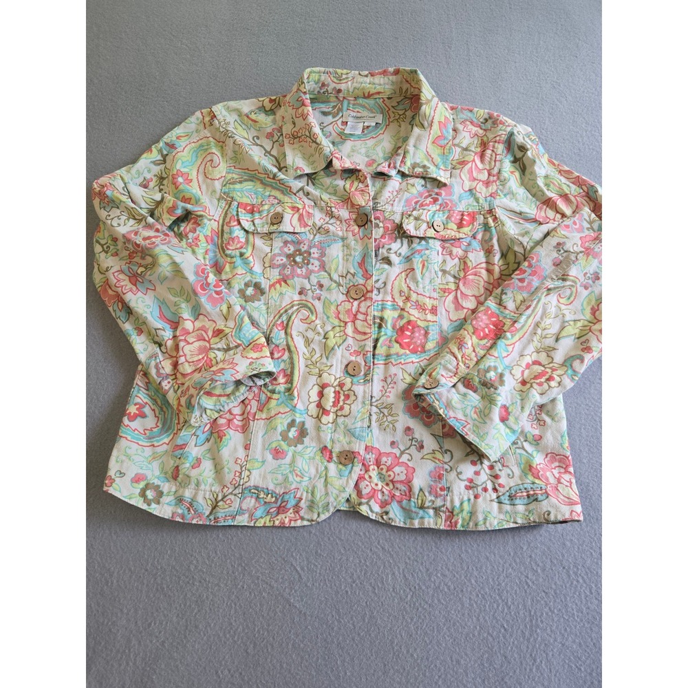 Coldwater Creek Jacket Womens XL Multicolor Floral Paisley Linen Blend Button Up